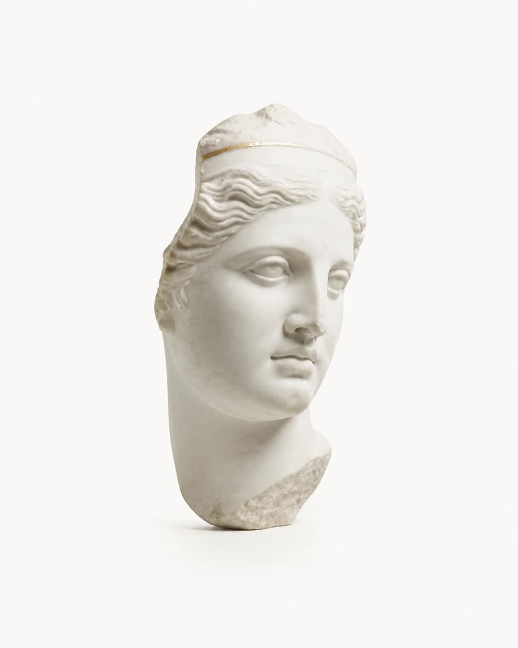 Busto clássico em mármore branco com filete dourado